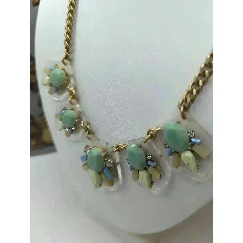 J Crew Goldtone Necklace Sage Green Baby Blue Clear Acrylic transparent